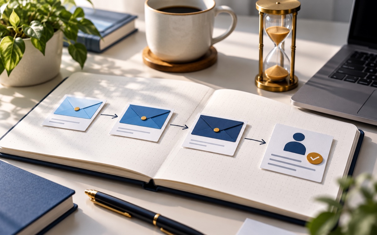 A sequence of blue envelope cards leading to a customer card in an open notebook